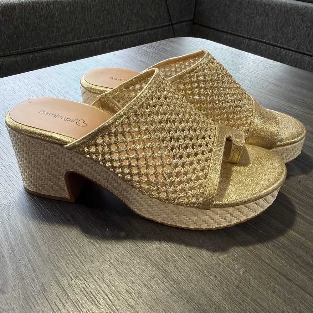 Baretraps NEW Metallic Gold Mesh Chunky Raffia Heel Sz 8.5 Mules Slide On Resort